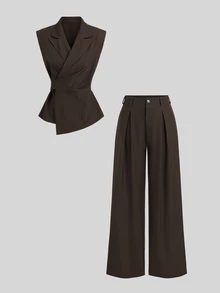 Sweetra Autumn/Winter Fashion Design Women's Brown Sleeveless Blazer With Waist-Cinching Slimming Fit, Paired With Wide-Leg Straight Suit Pants, Casual Commuter Style 2 Pieces Suit Set - Brown - View 1