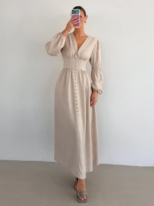 Siren Gaze Solid Color Elegant V-Neck Shirt Dress With Silk Button Details, Cream Color, Autumn - Apricot - View 2