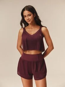 OutZeal Women Sports Shorts Summer Running Gym Workout High Waist Ruffled Hem With Zip Pocket - Burgundy - View 6