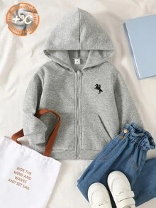 女童 4-7 歲學院風落肩拉鍊連帽抓絨運動外套，馬術刺繡圖案裝飾休閒上衣，保暖秋季新品，適合校園日常活動與戶外出遊 - 灰色 - 查看 4