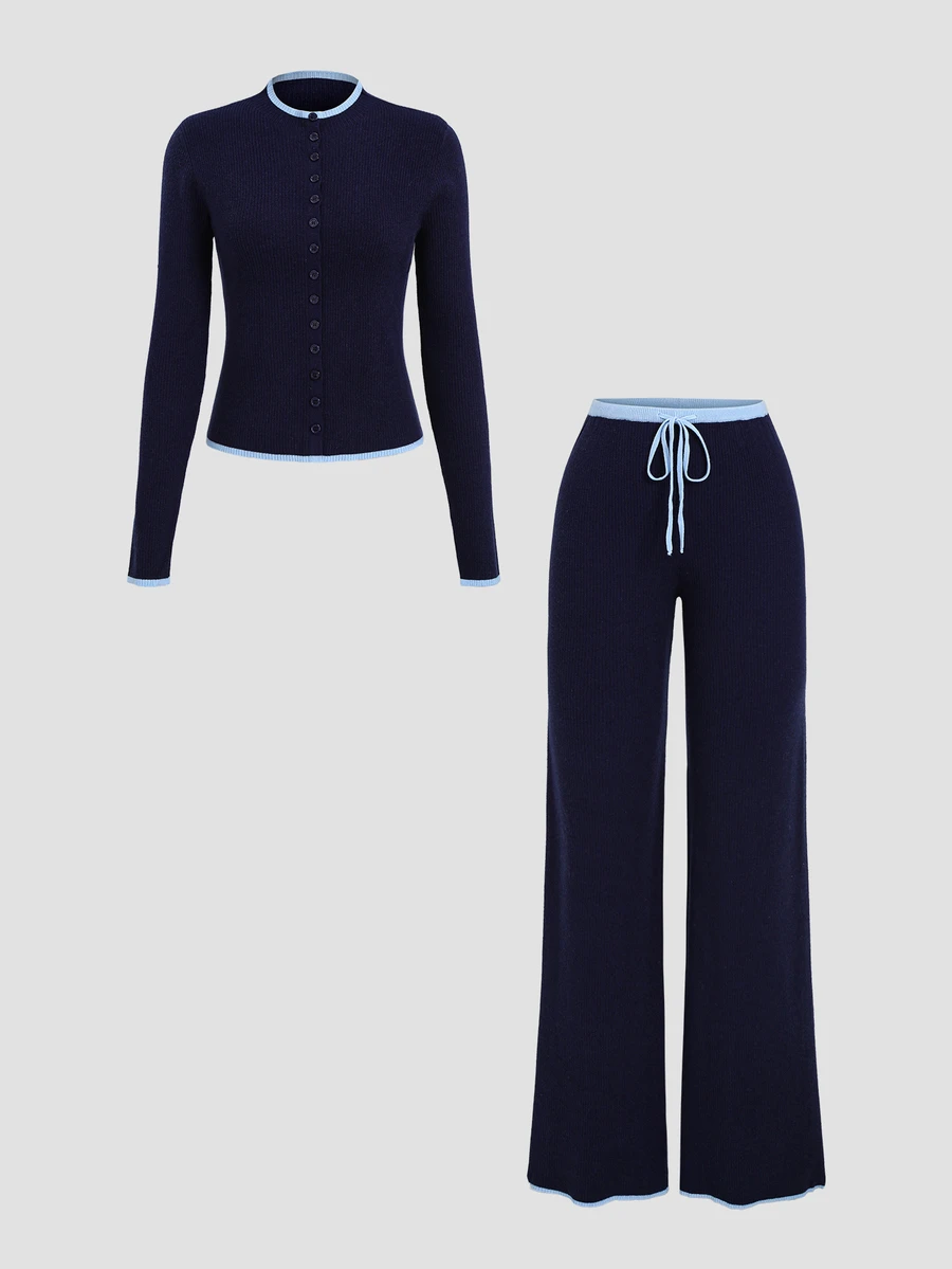 Sweetra Women's Colorblock Single-Breasted Long Sleeve Sweater And Drawstring Waist Pants 2 Pieces Set - Navy Blue - View 1