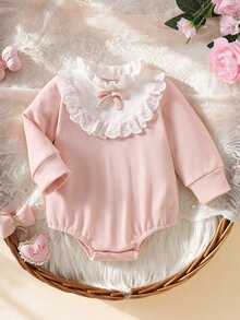 SHEIN Newborn Baby Girls Romper Bodysuit Cute Sweet Elegant Pink Bow Ruffle Eyelet Lace Long Sleeve Birthday Party Winter Autumn Fall Style Solid - Baby Pink - View 3