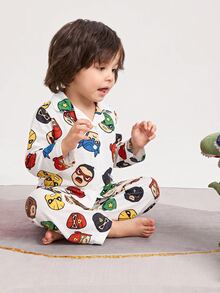 SHEIN 小男孩可愛卡通印花鈕扣上衣與長褲居家服套裝 - 彩色 - 查看 4