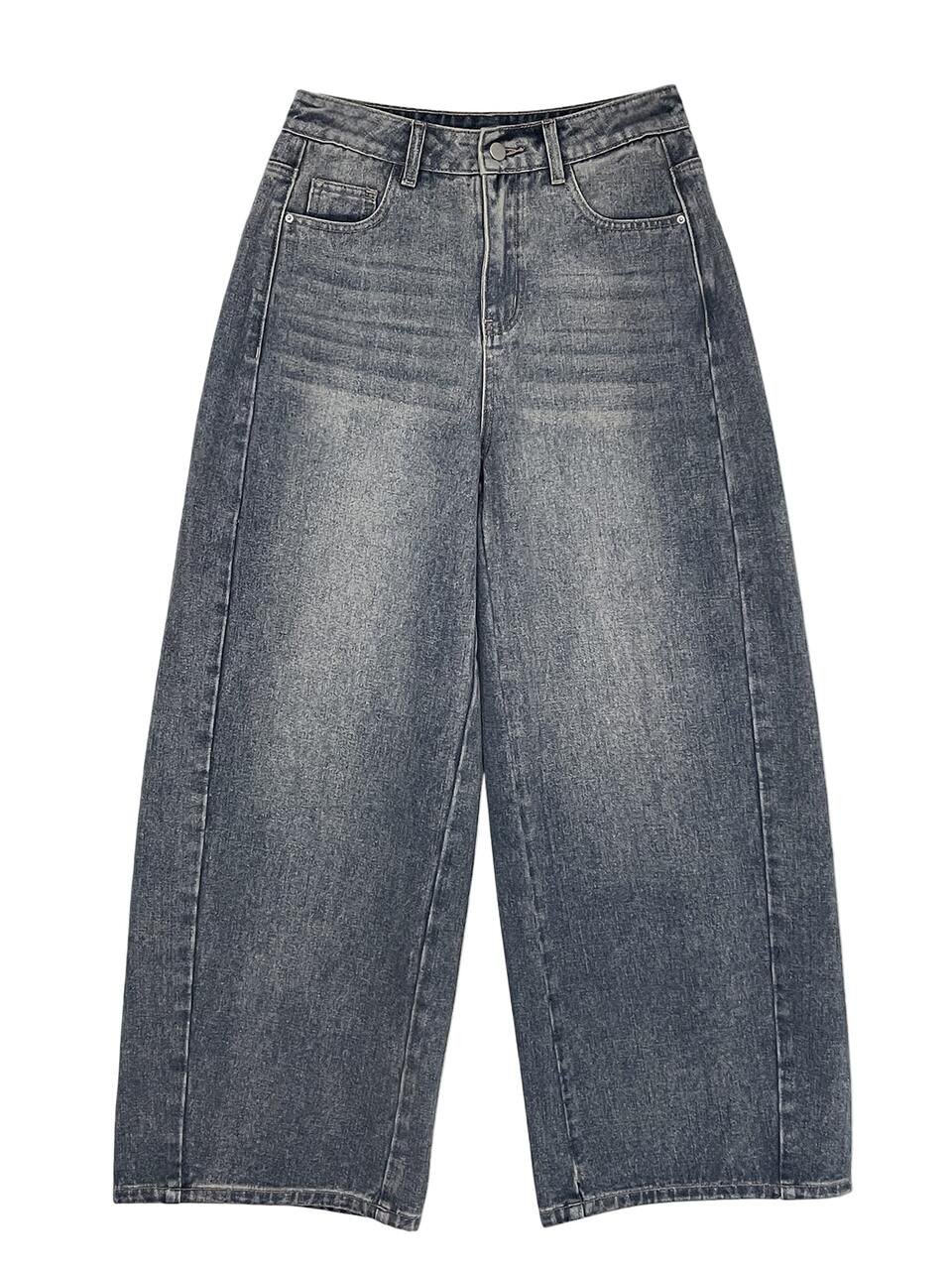 Grey-Blue Washed Distressed High-Waist Loose Wide-Leg Casual Versatile Street Style Women's Denim Jeans