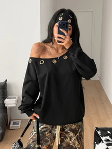 Coolane 女款秋冬休閒哥德龐克復古Y2K街頭風黑色大尺寸露肩抽繩孔眼衛衣上衣秋季穿搭 - 黑色 - 查看 4