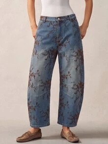 Bohemela 大尺碼女款寬鬆寬腿氣球版型花卉藤蔓印花牛仔褲，附口袋 - 藍色 - 查看 6