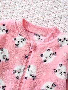 SHEIN 新生女嬰卡通圖案圓領長袖保暖內裡加厚連身衣 - 粉色 - 查看 4