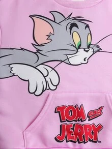 TOM & JERRY X SHEIN بلوزة رياضية بياقة دائرية مطبوعة برسومات كرتونية للفتيات الصغيرات - وردي - مشاهدة 3