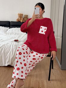 Napfluff CURVE Napfluff CURVE Plus Size Lip Print Soft Plush Comfortable Crew Neck Long Sleeve Long Pants Pajama Set - Multicolor - View 6