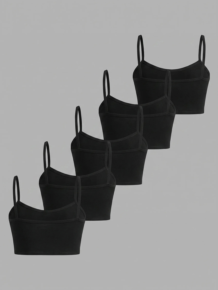 Girlism Teen Girl Teen Girls Undershirt Simple Comfortable Skin-Friendly Children's Growth Period Innerwear Tank Top Black Solid Color 5pcs/Pack - Black - View 2