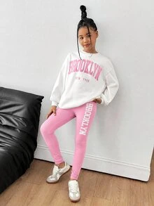 SHEIN 青少年女孩字母印花針織套頭衛衣 + 針織內搭褲 2件套，休閒時尚日常百搭 - 粉色 - 查看 6