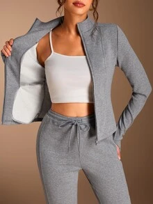 SHEIN BASICS Women's Minimalist Soft Casual Athleisure Zipper Long Sleeve Sweatshirt Drawstring Waist Flared Pants 2 Pieces Set Gym Travel Lounge Grey Winter - Dark Grey - View 6