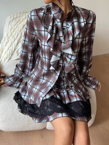 SHEIN New Vintage Preppy Commuter Plaid Ruffle Collar Long Sleeve Blouse & Lace Patchwork Ruffle Hem Mini Skirt 2-Piece Set For Women - Multicolor - View 5