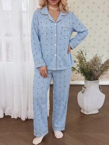 CottageSlumber Plus Size Lapel Puff Sleeve Striped Plaid Pineapple Print Romantic Style Long Sleeve Top And Pants Pajama Set, Women's Pajama Set, Suitable For Home And Outdoor Wear - Blue - View 6