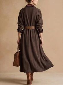 Omancia Women's Plaid Patchwork Pleated Casual Summer Midi Dress - Coffee Brown - View 2
