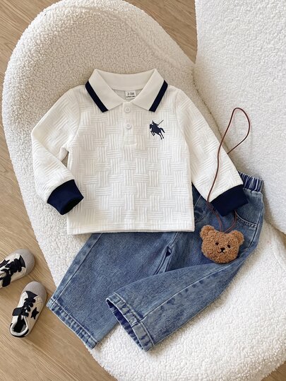 SHEIN Playful Pals 2pcs/Set Baby Boy Polo Outfit Casual Cute Solid Color POLO Collar Long Sleeve Top And Washed Casual Loose Pants Gentleman Set Suitable For Baby Boy Daily Casual Comfortable Wear Suitable For Outdoor Play Vacation Wear Spring Autumn Winter Back To School Season School Style