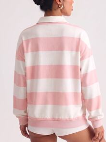 Dewbera Dewbera Color Block Striped Casual Sports Sweatshirt - Pink - View 2