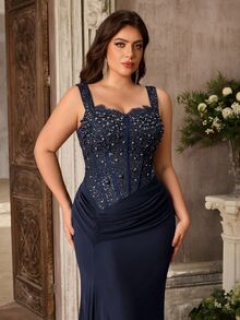 Aureia Plus Size Elegant Romantic Sweetheart Neckline Spaghetti Strap Luxury French Lace Sheer Mesh Patchwork Knit Fabric Ruched Waist A-Line Evening Dress For Wedding Party Celebration Formal Event Gala (Intricate Design) - Navy Blue - View 4