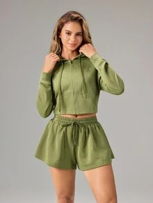 OutZeal Women Sports Jacket Casual Workout Gym Cropped Zip Up Hooded Jacket - Green - View 10
