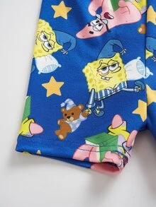 SpongeBob SquarePants | SHEIN Baby Boy Round Neck Short Sleeve Top And Shorts Loungewear Set - Blue - View 7