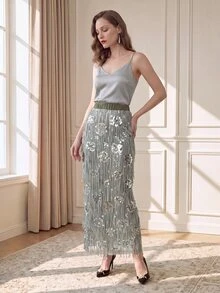 Suri Mira Falda de moda para mujer con cintura elástica, estampado floral, lentejuelas, abertura lateral en el bajo, elegante y sexy, para fiesta de cumpleaños, cena de noche, cita, otoño/ verde salvia - Verde Oliva - Ver 8