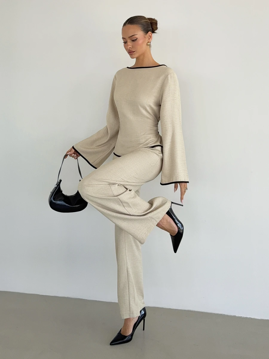 Siren Gaze Women's Round-Neck, Flared-Sleeve, Long-Sleeve, Fitted-Waist Shirt And Pants Set-Perfect For Business, Commuting, And Everyday Work Wear In The Fall.