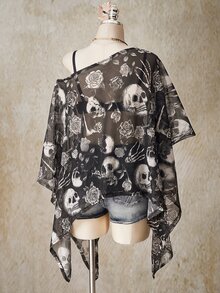 SHEIN ICON 萬聖節骷髏印花大尺碼女款網紗上衣，適合夏季 - 彩色 - 查看 2