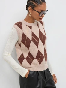 Maija Grey-Brown Plaid Sleeveless Sweater For Women, Urban Casual - Grey - View 1