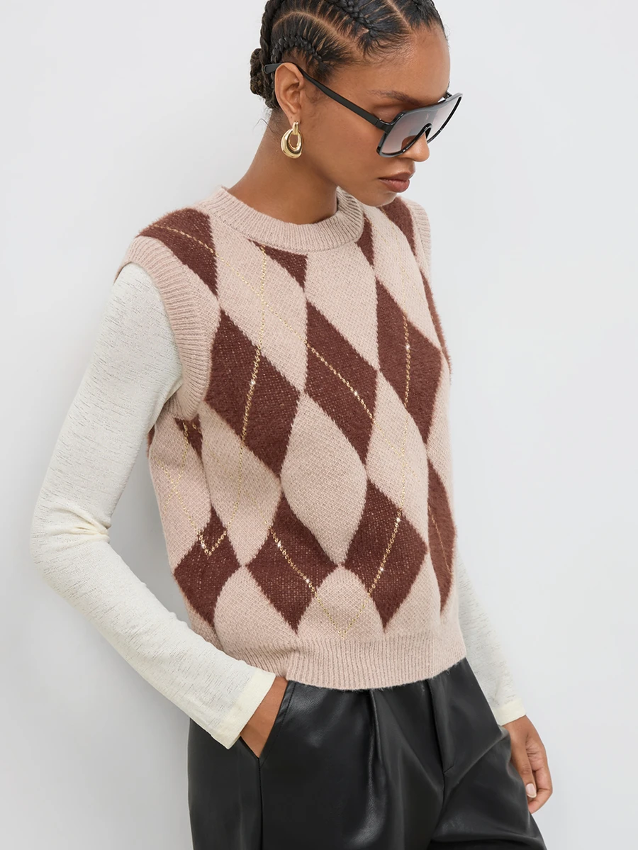 Maija Grey-Brown Plaid Sleeveless Sweater For Women, Urban Casual - Grey - View 1