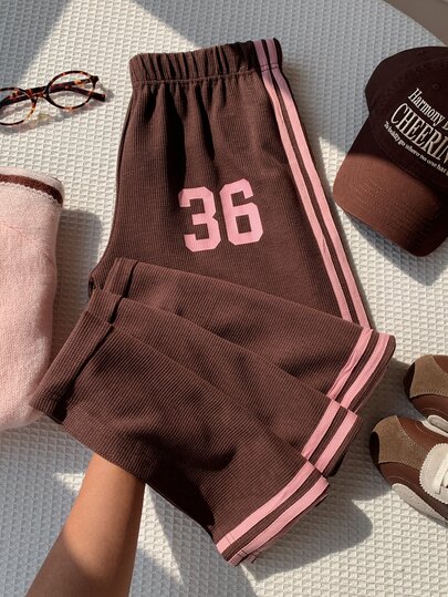 Comfortcana Pantalones largos casuales con estampado digital a rayas para uso diario de mujer