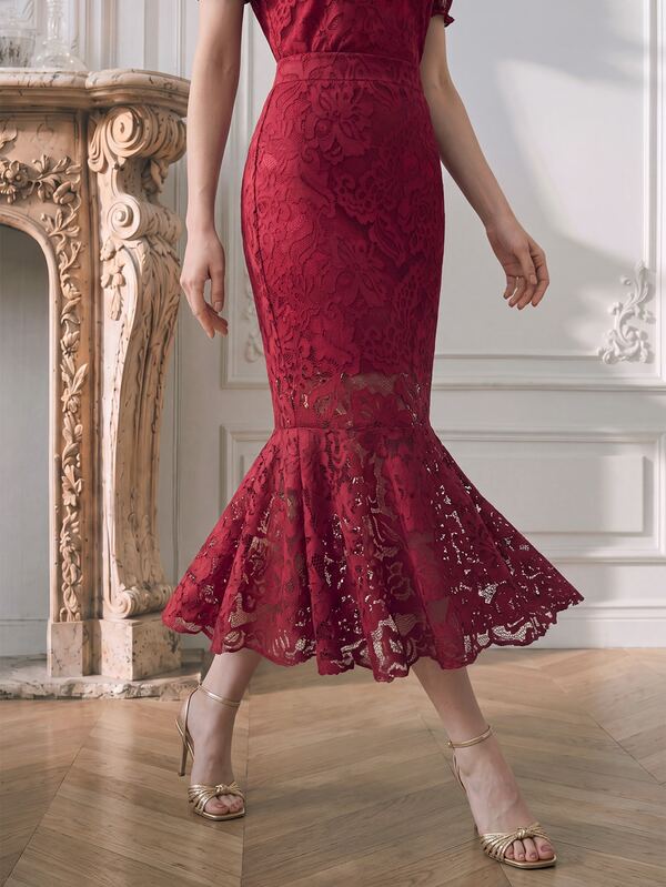 Suri Mira Women's High Waist Elegant Casual Sexy Wine Red Lace Mermaid Hem Skirt Summer Fall Autumn Formal Dinner Party New Year Christmas