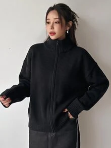 DAZY 女款秋冬拉鍊長袖舒適休閒針織衫 - 黑色 - 查看 4