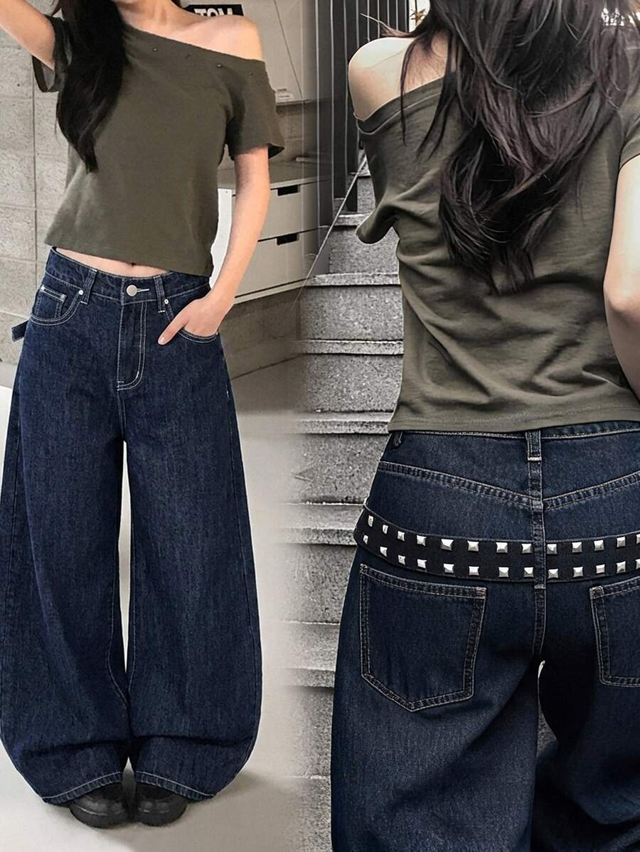 DAZY Women's Washed Heavy-Duty Korean Style Loose Fit Jeans - Dark Wash - View 1