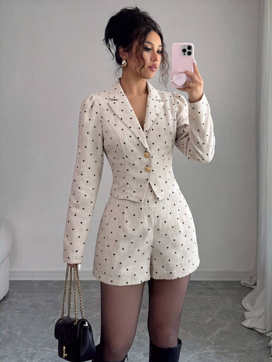 SHEIN Elenzya Women's Polka Dot Print Button Jacket And Shorts Suit Set - Apricot - View 1