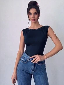 Firerie Women's Solid Color Backless Slim Fit Versatile Daily Wear Bodysuit - Navy Blue - View 5