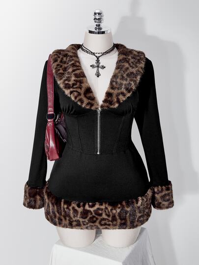 SHEIN ICON Women's Plus Size Leopard Print Faux Fur Patchwork Black Set