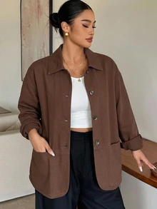 Dazy Plus Lapel Loose Long Sleeve Open Front Denim Jacket, Urban Casual Washed Denim Loose Jacket, Plus Size Autumn New Arrival - Brown - View 8