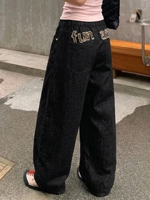 Dazy Plus 女款韓系條紋休閒寬鬆牛仔長褲，後背字母拼接設計，趣味通勤百搭大尺碼四季牛仔褲 - 黑色 - 查看 5