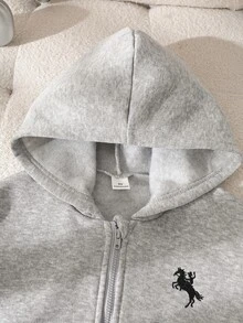 女童 4-7 歲學院風落肩拉鍊連帽抓絨運動外套，馬術刺繡圖案裝飾休閒上衣，保暖秋季新品，適合校園日常活動與戶外出遊 - 灰色 - 查看 9