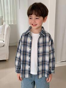 DAZY Young Boys Plaid New Loose Fit Long Sleeve Shirt Top, Autumn Basic Casual Style - Blue - View 1