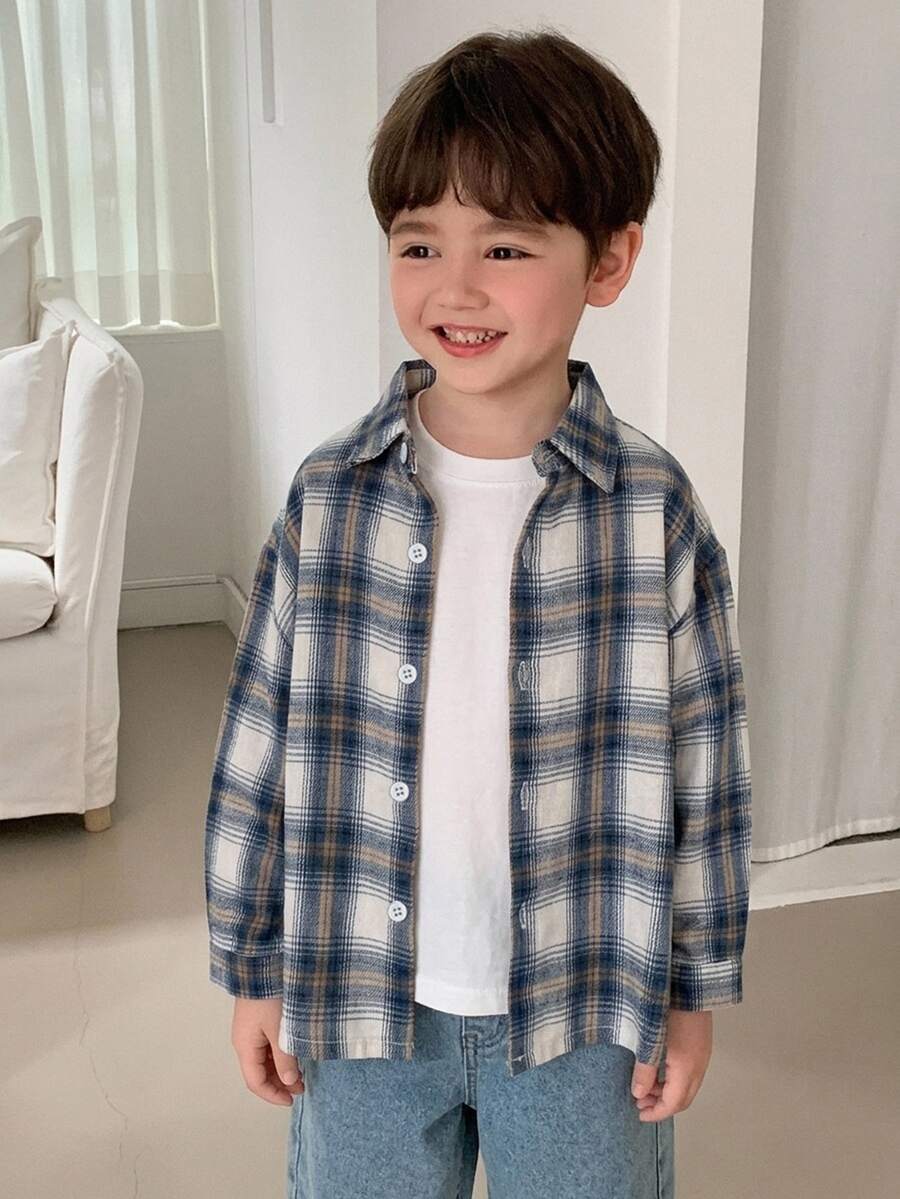 DAZY Young Boys Plaid New Loose Fit Long Sleeve Shirt Top, Autumn Basic Casual Style - Blue - View 1