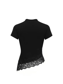 SHEIN Clasi 女款純色立領短袖對比蕾絲不對稱下擺上衣與裙子優雅兩件套 - 黑色 - 查看 2