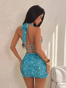 SHEIN ICON 女款藍色優雅派對豹紋性感掛脖露背迷你洋裝 - 藍色 - 查看 8