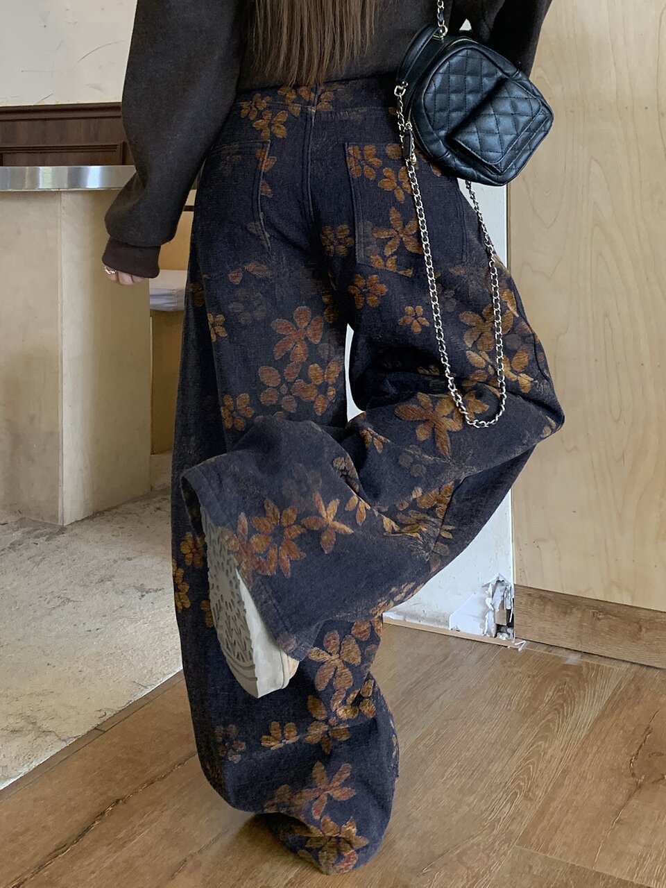 Women's Floral Pattern Wide Leg Loose Casual Denim Jeans