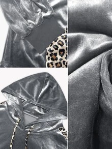 Linhara CURVE Women's Plus Size Leopard Print Patchwork Hooded Sweatshirt, Casual/Commute/College Style, Long Sleeve Sweatshirt For Autumn/Winter - Silver - View 6
