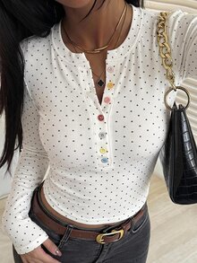 DAZY 女款波點休閒修身內搭性感休閒套頭T恤 秋季 - 米色 - 查看 2