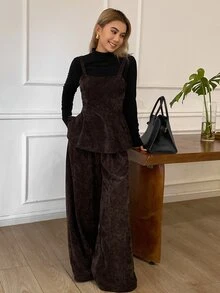 DAZY Women's Corduroy Cami Top And Loose Straight Leg Pants Elegant Two Pieces Set - Burgundy - View 4