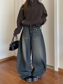 DAZY Celana Jeans Denim Longgar Kasual Wanita dengan Blok Warna untuk Musim Gugur - Grey - View 5