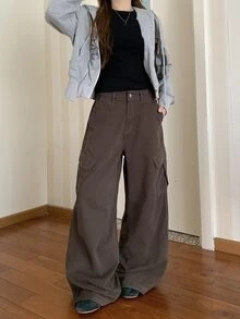 DAZY Women's Cargo Pocket Wide Leg Loose Casual Denim Jeans Fall - Olive Green - View 4