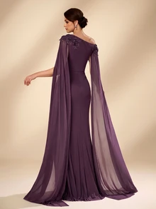 Serin Elegant Luxurious Beaded Sequin Lace Patchwork Elastic Knit Mesh Patchwork Chiffon Sleeve Ruched Mermaid Skirt Suitable For Wedding Events, Bachelorette Party, Vacation, Ball, Evening Dress (Heavy Workmanship Style) - Purple - View 2